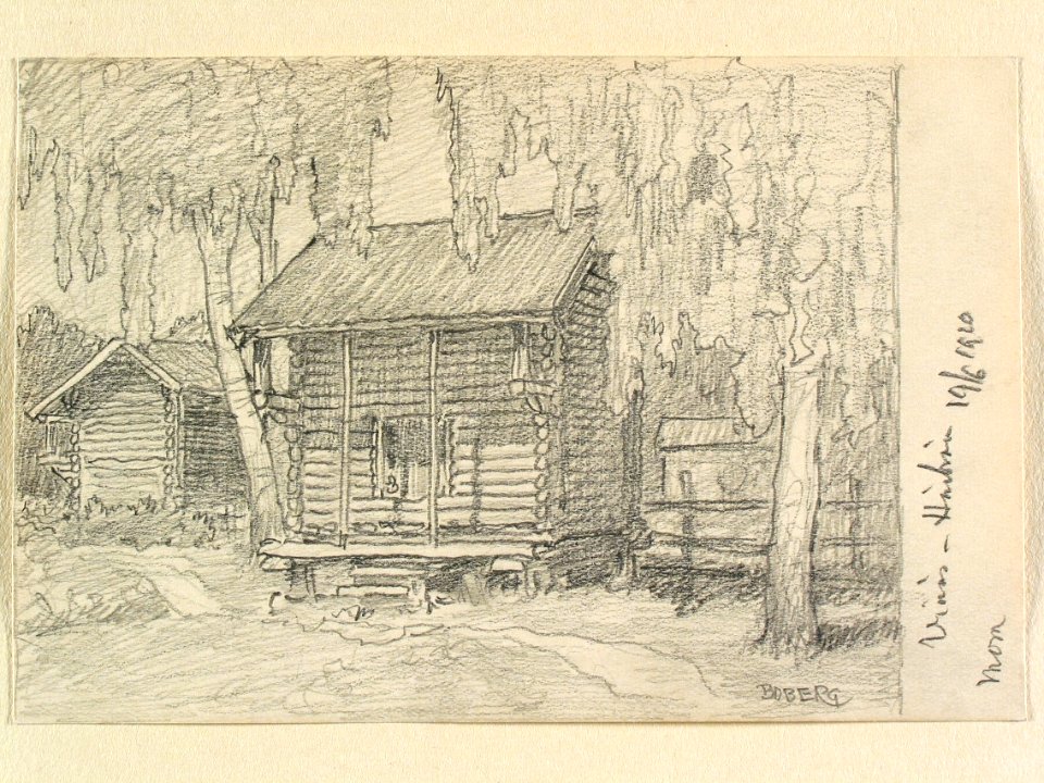 Dalarna, Mora sn., Vinäs. Härbren. Teckning av Ferdinand Boberg - Nordiska museet - NMA.0088129