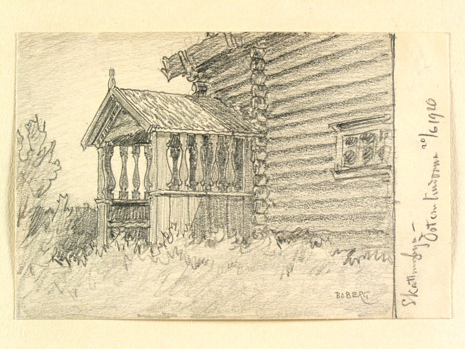 Dalarna, Orsa sn. Skattungbyn, öst om lindorna . Boningshus. Teckning av Ferdinand Boberg - Nordiska museet - NMA.0088144