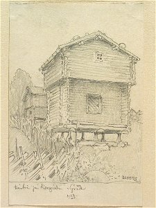Dalarna, Gagnefs sn. Härbre på Korsgården i Gråda. Teckning av Ferdinand Boberg - Nordiska museet - NMA.0088080