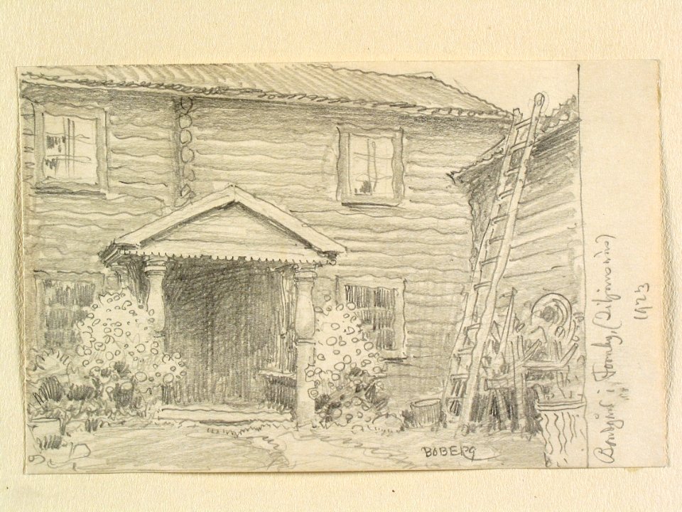 Dalarna, Siljansnäs. Bondgård i Fornby . Teckning av Ferdinand Boberg - Nordiska museet - NMA.0088169