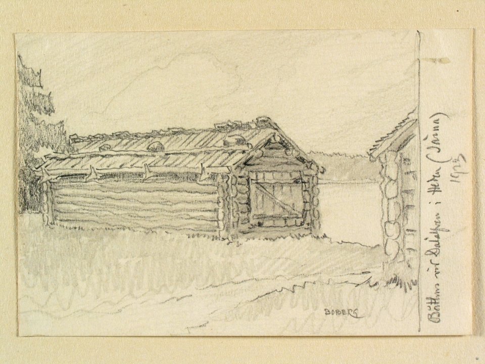 Dalarna, Särna sn. Båthus vid Dalälven i Heden. Teckning av Ferdinand Boberg - Nordiska museet - NMA.0088176