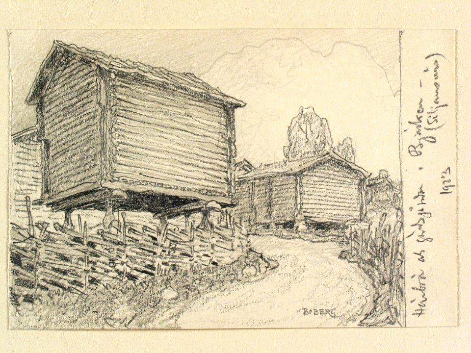 Dalarna, Siljansnäs sn. Härbre och gärdesgårdar i Björken. Teckning av Ferdinand Boberg - Nordiska museet - NMA.0088166