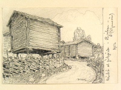 Dalarna, Siljansnäs sn. Härbre och gärdesgårdar i Björken. Teckning av Ferdinand Boberg - Nordiska museet - NMA.0088166