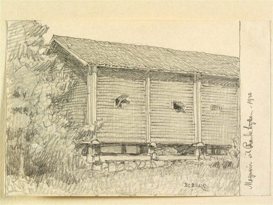 Dalarna, Vika sn. Magasin vid Rankhyttan . Teckning av Ferdinand Boberg - Nordiska museet - NMA.0088787