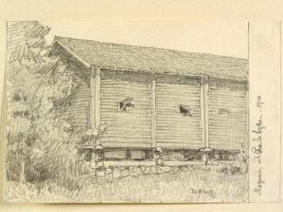 Dalarna, Vika sn. Magasin vid Rankhyttan . Teckning av Ferdinand Boberg - Nordiska museet - NMA.0088787