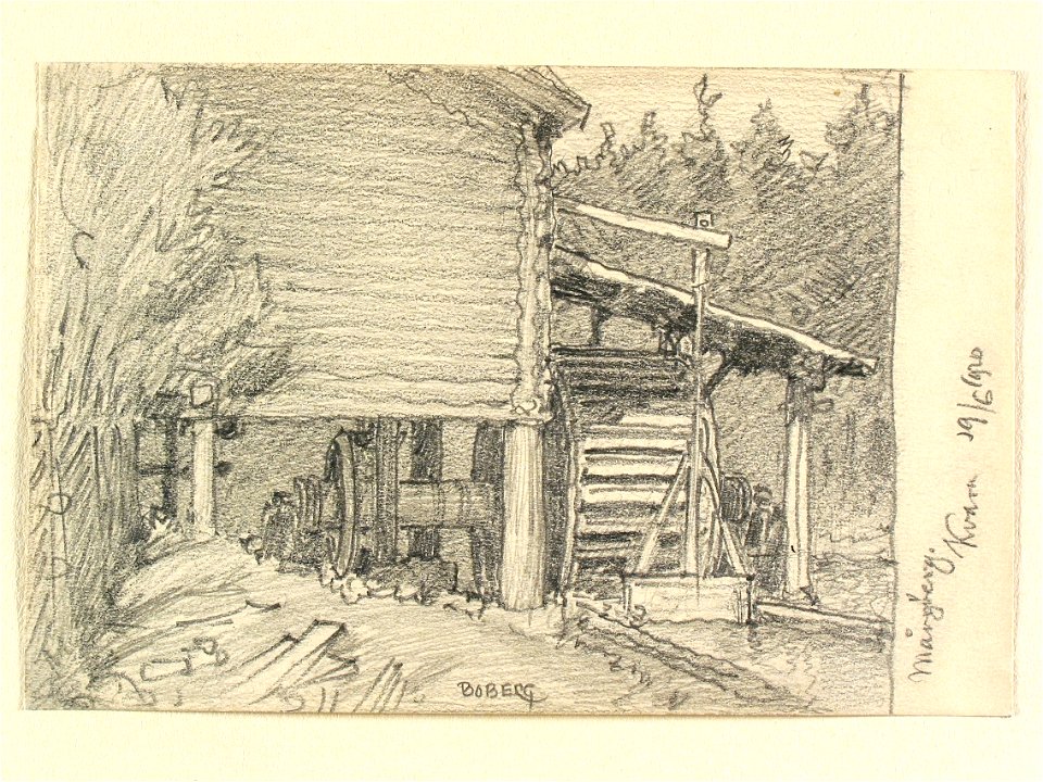 Dalarna, Solleröns sn., Mångberg. Kvarn. Teckning av Ferdinand Boberg - Nordiska museet - NMA.0088171