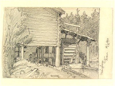 Dalarna, Solleröns sn., Mångberg. Kvarn. Teckning av Ferdinand Boberg - Nordiska museet - NMA.0088171