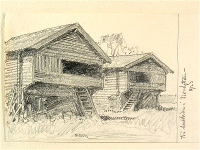 Dalarna, Grangärde sn. Två svalbodar i Norhyttan. Teckning av Ferdinand Boberg - Nordiska museet - NMA.0088081