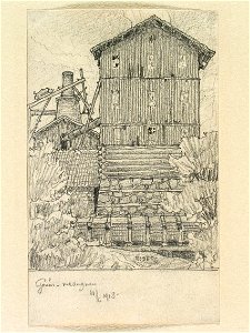 Dalarna, Ludvika sn., Gonäs. Masugnen. Teckning av Ferdinand Boberg - Nordiska museet - NMA.0088757