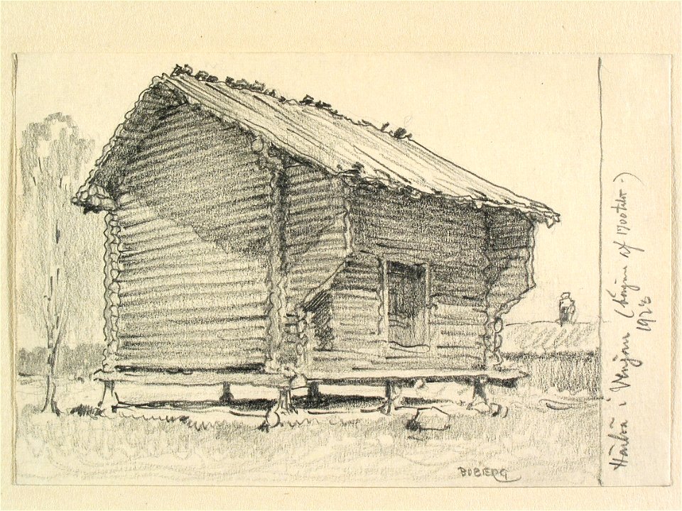 Dalarna, Venjans sn. Härbre i Venjan från tidigt 1700-tal. Teckning av Ferdinand Boberg - Nordiska museet - NMA.0088186