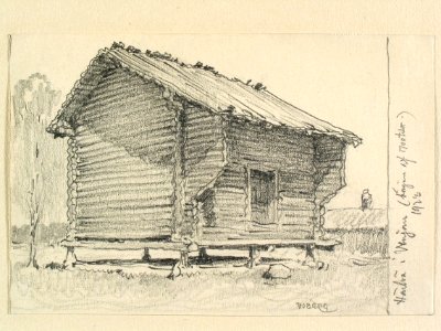 Dalarna, Venjans sn. Härbre i Venjan från tidigt 1700-tal. Teckning av Ferdinand Boberg - Nordiska museet - NMA.0088186
