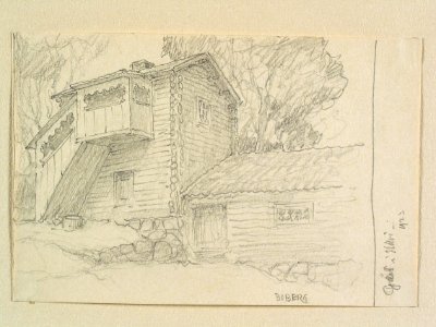 Dalarna, Leksands sn. Gård i Ullvi. Teckning av Ferdinand Boberg - Nordiska museet - NMA.0088104