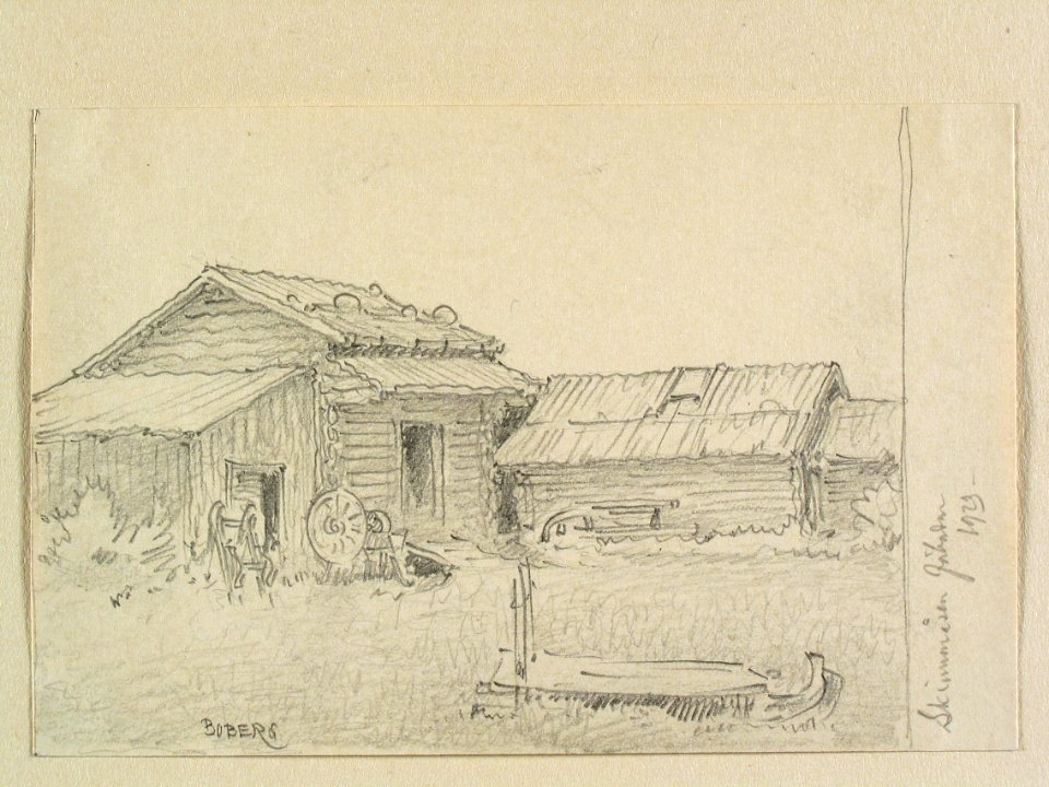 Dalarna, Leksands sn., Skinnaråsens fäbodar. Teckning av Ferdinand Boberg - Nordiska museet - NMA.0088102