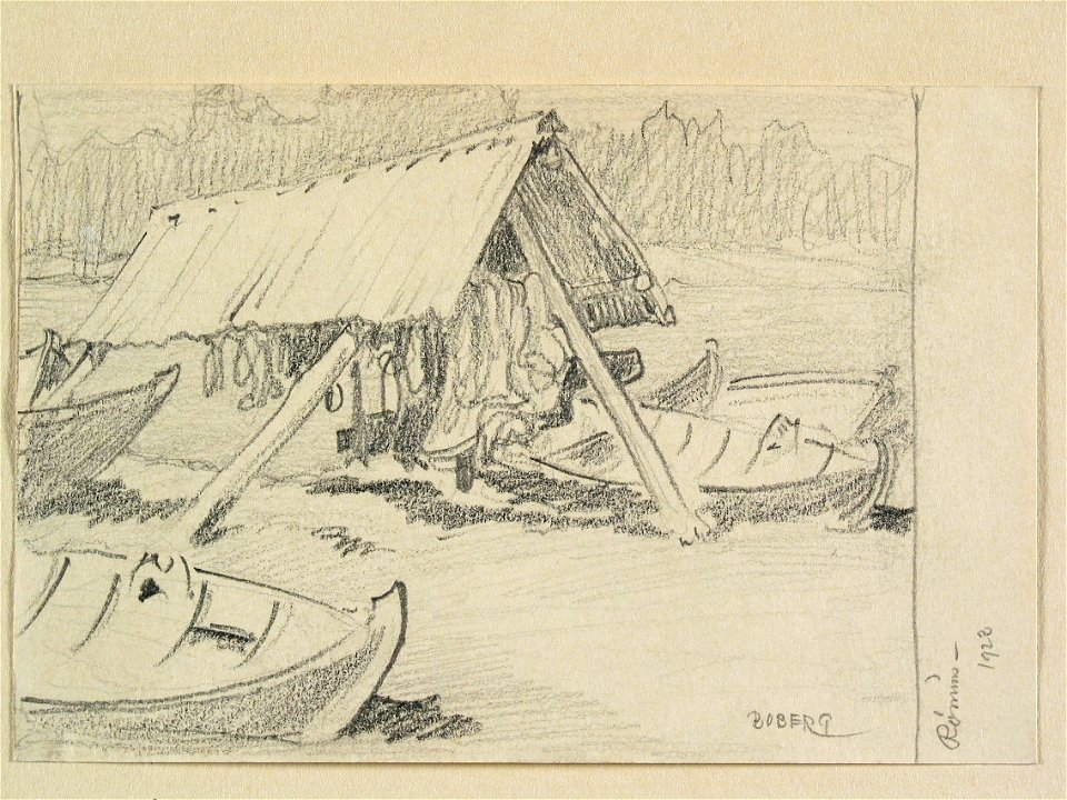 Dalarna, Leksands sn., Rönnäs. Uppdragna båtar. Teckning av Ferdinand Boberg - Nordiska museet - NMA.0088099
