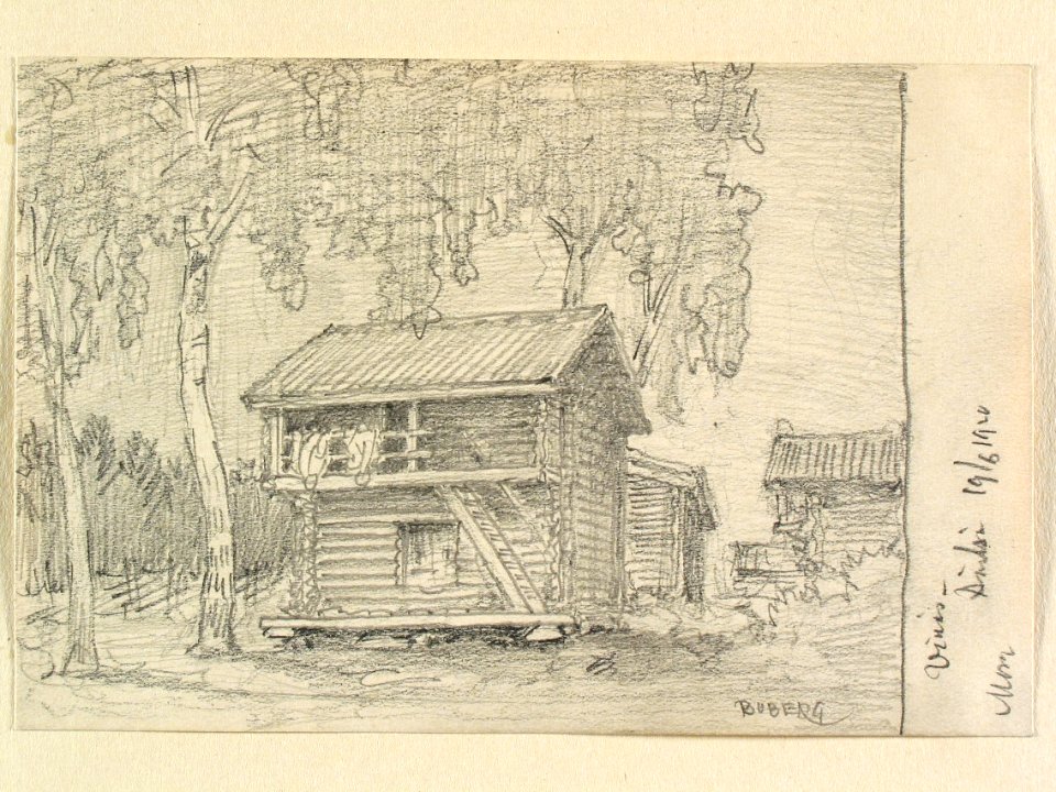 Dalarna, Mora sn., Vinäs. Härbren. Teckning av Ferdinand Boberg - Nordiska museet - NMA.0088128