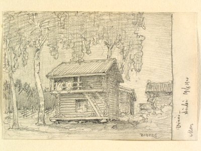 Dalarna, Mora sn., Vinäs. Härbren. Teckning av Ferdinand Boberg - Nordiska museet - NMA.0088128