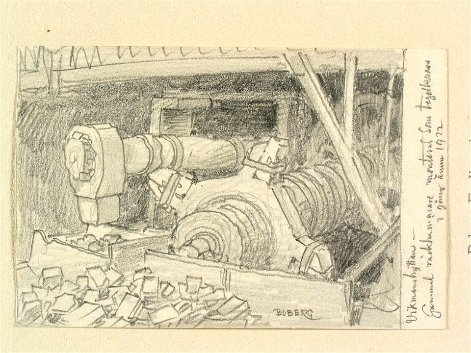 Dalarna, Hedemora sn., Vikmanshyttan. Gammal räckhammare monterad som tegelkross. I gång ännu 1922 - Nordiska museet - NMA.0088794