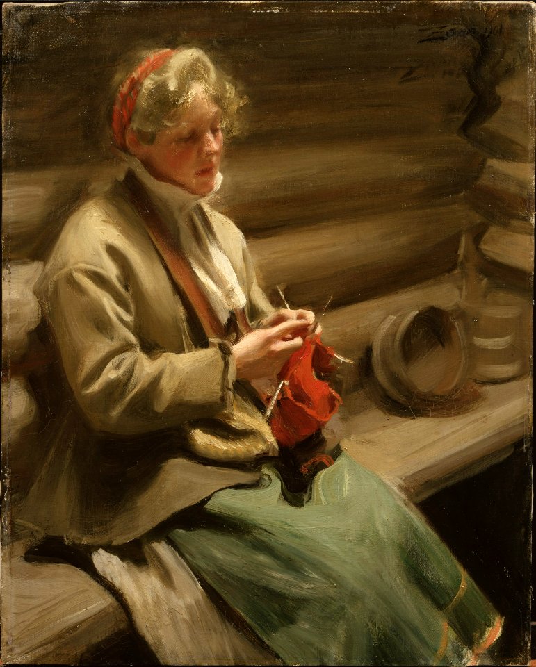 Dalecarlian Girl Knitting. Cabbage Margit (Anders Zorn) - Nationalmuseum - 20427
