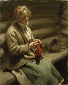 Dalecarlian Girl Knitting. Cabbage Margit (Anders Zorn) - Nationalmuseum - 20427. Free illustration for personal and commercial use.