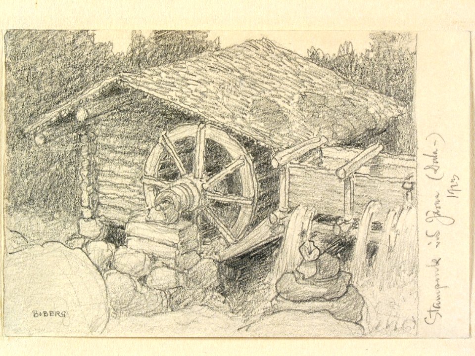 Dalarna, Järna sn., Dala-Järna. Stampkvarn. Teckning av Ferdinand Boberg - Nordiska museet - NMA.0088091