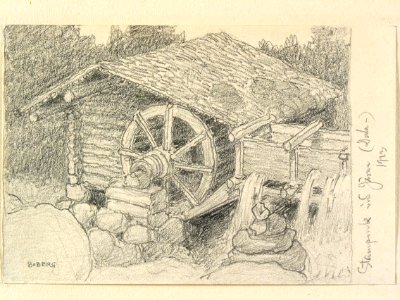 Dalarna, Järna sn., Dala-Järna. Stampkvarn. Teckning av Ferdinand Boberg - Nordiska museet - NMA.0088091