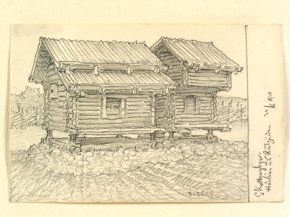 Dalarna, Orsa sn., Skattungbyn. Härbren vid Rutgården. Teckning av Ferdinand Boberg - Nordiska museet - NMA.0088142
