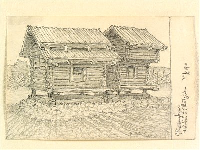 Dalarna, Orsa sn., Skattungbyn. Härbren vid Rutgården. Teckning av Ferdinand Boberg - Nordiska museet - NMA.0088142