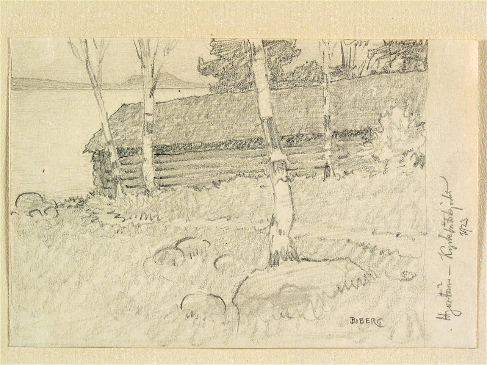 Dalarna, Leksands sn., Hjortnäs. Kyrkbåtsskjulet. Teckning av Ferdinand Boberg - Nordiska museet - NMA.0088096