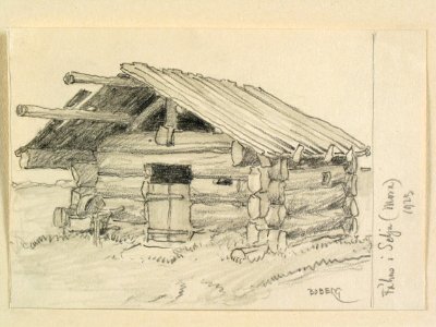 Dalarna, Mora sn., Selja, fähus. Teckning av Ferdinand Boberg - Nordiska museet - NMA.0088125