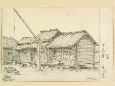 Dalarna, Mora sn., Selja, Enbygården. Teckning av Ferdinand Boberg - Nordiska museet - NMA.0088123