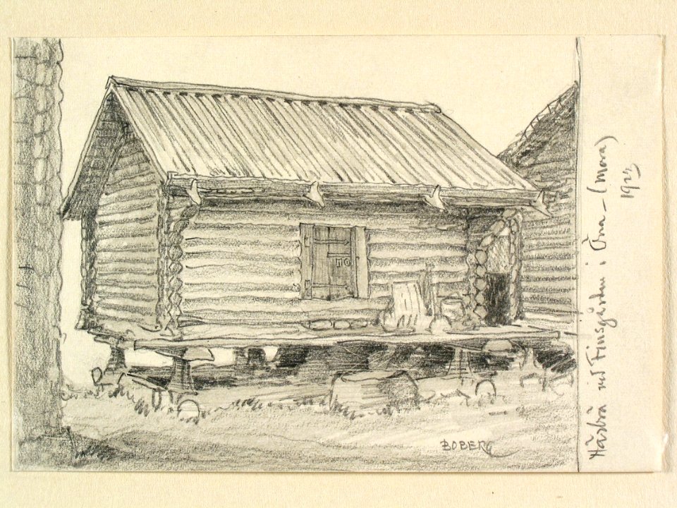 Dalarna, Mora sn., Öna. Härbre vid Finsgården. Teckning av Ferdinand Boberg - Nordiska museet - NMA.0088130