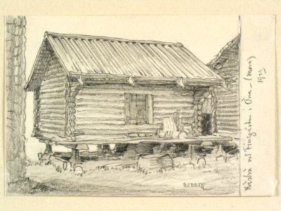 Dalarna, Mora sn., Öna. Härbre vid Finsgården. Teckning av Ferdinand Boberg - Nordiska museet - NMA.0088130