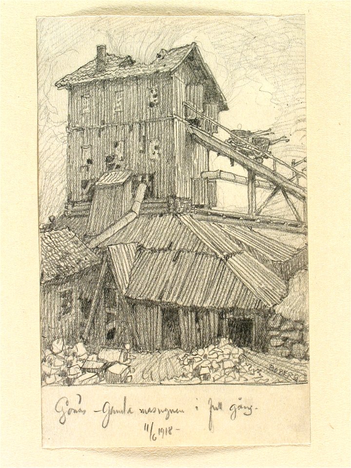 Dalarna, Ludvika sn., Gonäs. Gamla masugnen i full gång . Teckning av Ferdinand Boberg - Nordiska museet - NMA.0088758