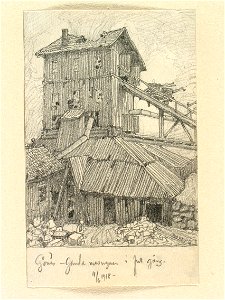Dalarna, Ludvika sn., Gonäs. Gamla masugnen i full gång . Teckning av Ferdinand Boberg - Nordiska museet - NMA.0088758