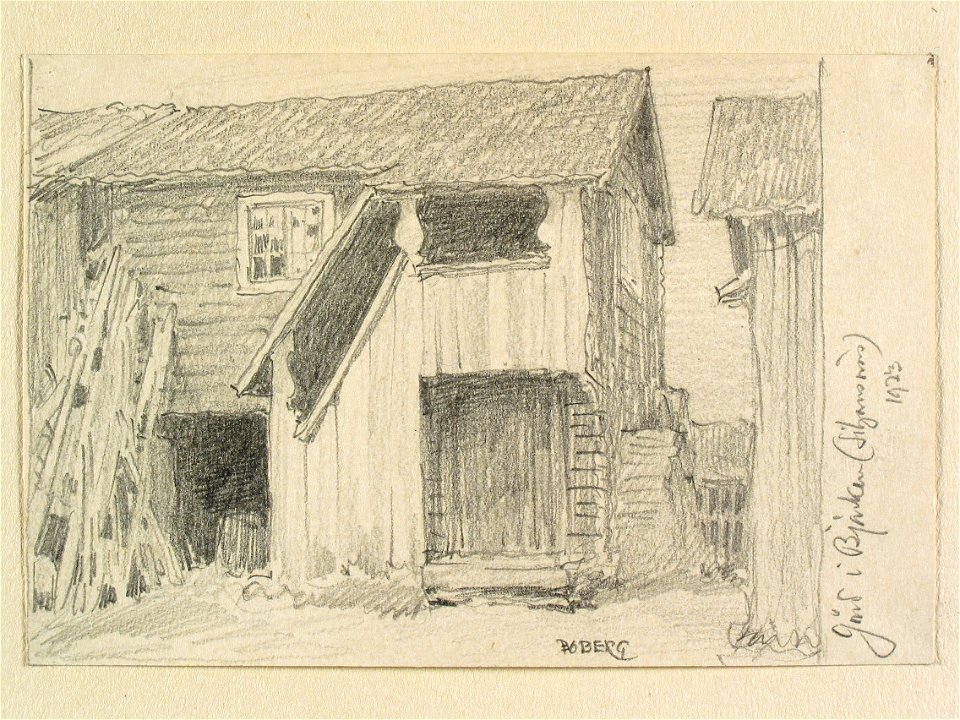 Dalarna, Siljansnäs sn. Gård i Björken. Teckning av Ferdinand Boberg - Nordiska museet - NMA.0088165