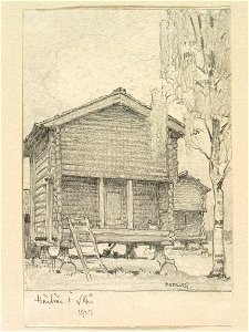 Dalarna, Nås sn. Härbre i Nås. Teckning av Ferdinand Boberg - Nordiska museet - NMA.0088139