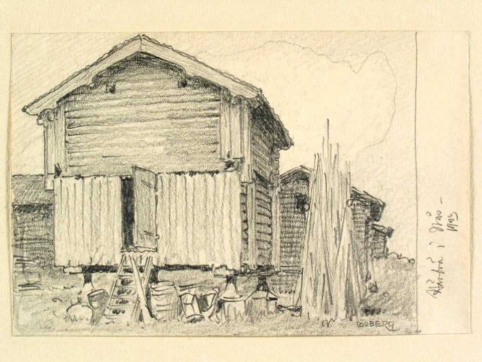 Dalarna, Nås sn. Härbre i Nås. Teckning av Ferdinand Boberg - Nordiska museet - NMA.0088138