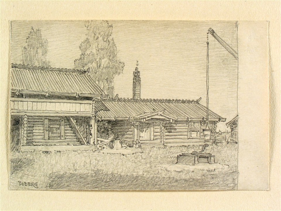 Dalarna, Mora sn. Gårdsplan med brunn. Teckning av Ferdinand Boberg - Nordiska museet - NMA.0088115