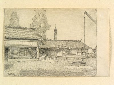Dalarna, Mora sn. Gårdsplan med brunn. Teckning av Ferdinand Boberg - Nordiska museet - NMA.0088115