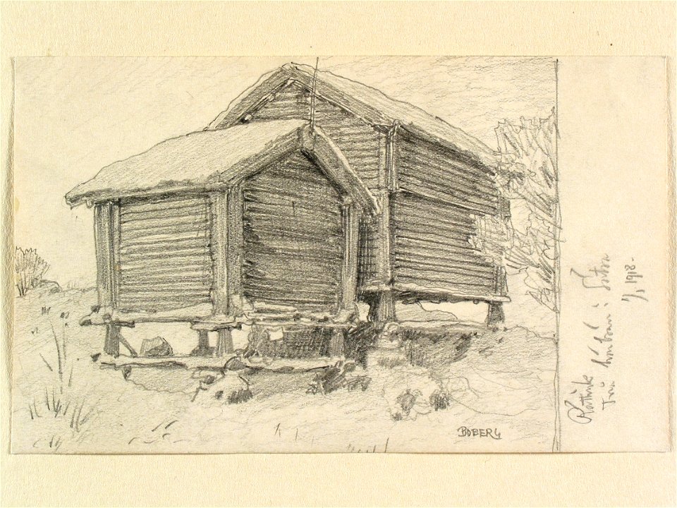 Dalarna, Rättviks sn. Härbren i Sätra. Teckning av Ferdinand Boberg - Nordiska museet - NMA.0088162