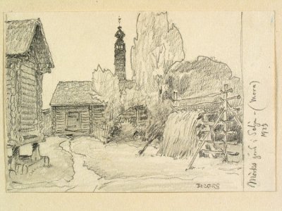 Dalarna, Mora sn., Mora, Selja, Mörks gård. Teckning av Ferdinand Boberg - Nordiska museet - NMA.0088124