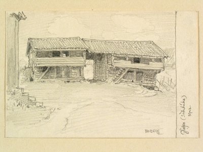 Dalarna, Söderbärke sn. Svalbodar i Gläfse. Teckning av Ferdinand Boberg - Nordiska museet - NMA.0088177