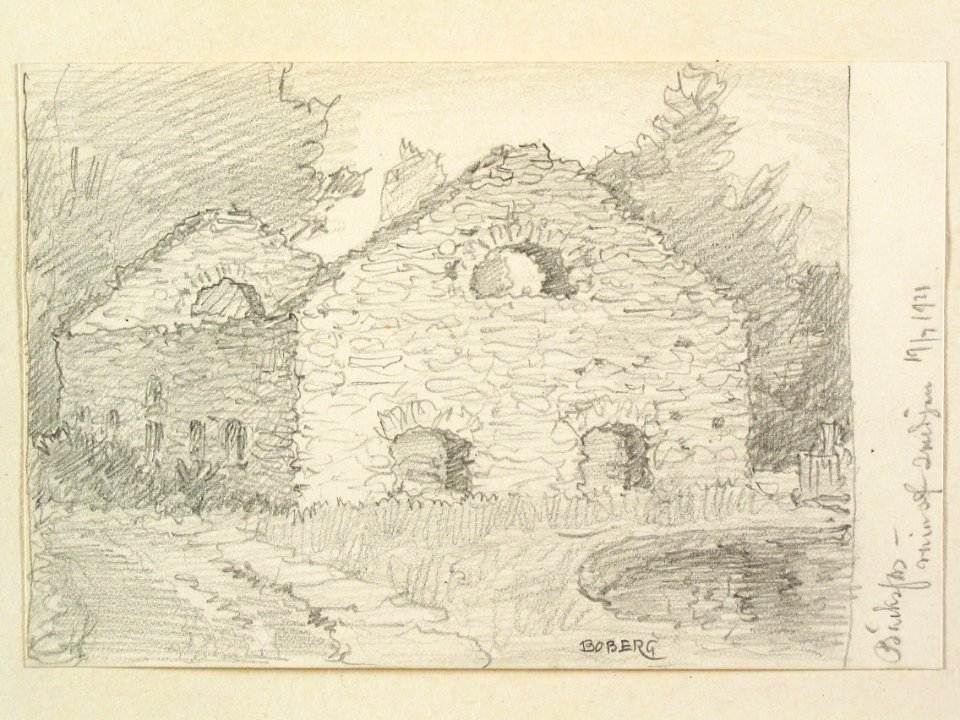 Dalsland, Bäckefors. Ruin av smedja. Teckning av Ferdinand Boberg - Nordiska museet - NMA.0088029