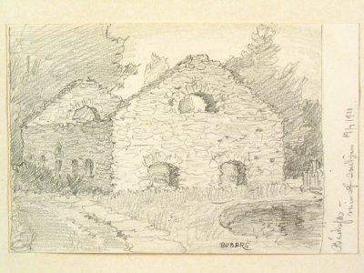 Dalsland, Bäckefors. Ruin av smedja. Teckning av Ferdinand Boberg - Nordiska museet - NMA.0088029