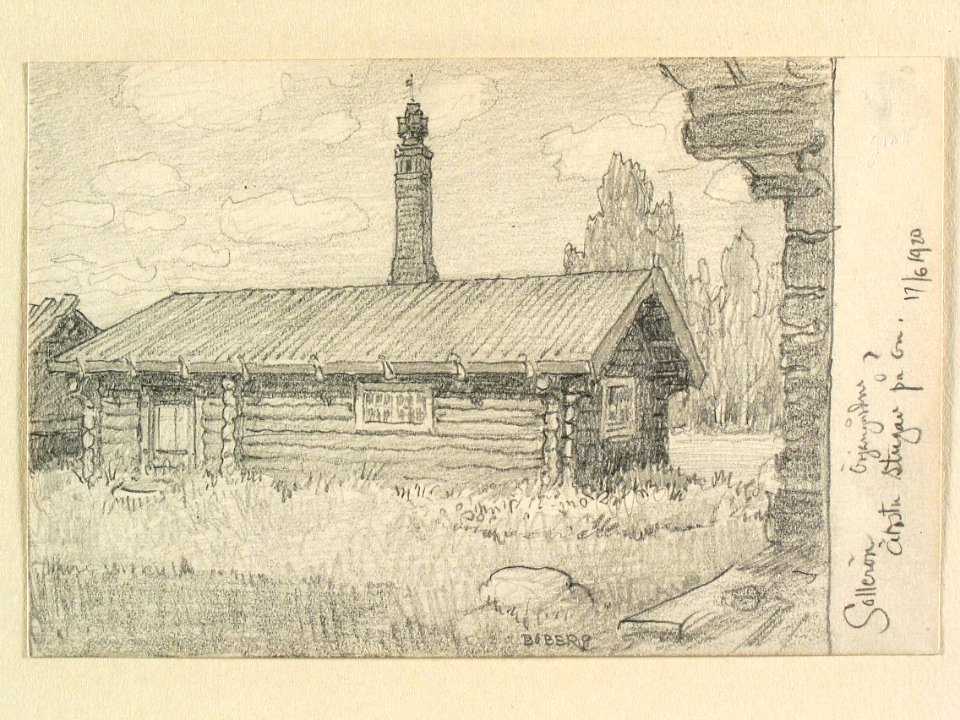 Dalarna, Solleröns sn., Sollerön, Örjangården. Äldsta stugan på ön . Teckning av Ferdinand Boberg - Nordiska museet - NMA.0088174