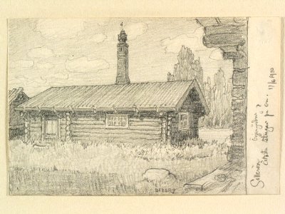 Dalarna, Solleröns sn., Sollerön, Örjangården. Äldsta stugan på ön . Teckning av Ferdinand Boberg - Nordiska museet - NMA.0088174