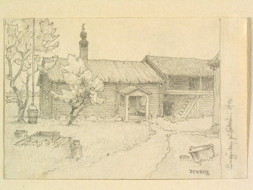 Dalarna, Solleröns sn., Sollerön, Busgården. Teckning av Ferdinand Boberg - Nordiska museet - NMA.0088172