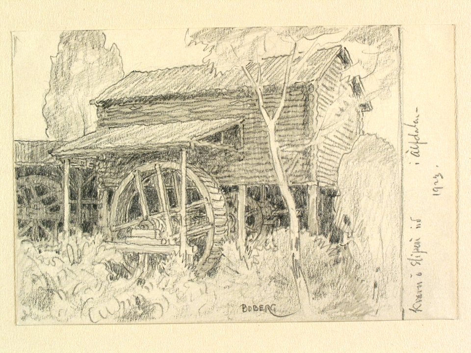 Dalarna, Älvdalens sn., Älvdalen. Kvarn och slipsten. Teckning av Ferdinand Boberg - Nordiska museet - NMA.0088194
