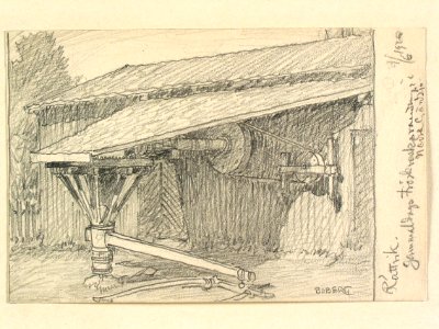 Dalarna, Rättviks sn., Nedre Gärdsjö. Gammaldags tröskverksvandring . Teckning av Ferdinand Boberg - Nordiska museet - NMA.0088156