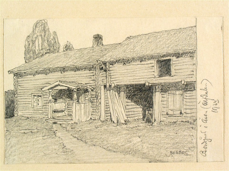 Dalarna, Älvdalens sn. Bondgård i Åsen . Teckning av Ferdinand Boberg - Nordiska museet - NMA.0088192